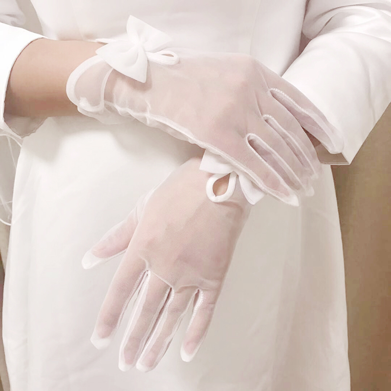 Mesh bowknot short bridal gloves wedding dress white gloves dress performance photo full finger gauze gloves