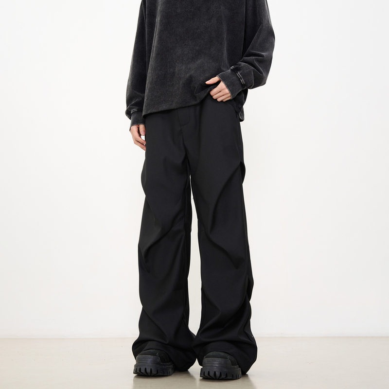 Kisko American-Style Niche Pleated Floor-Length Flared Casual Pants with a High-End Feel, Loose Straight-Leg Drapey Black Dress Pants for Men