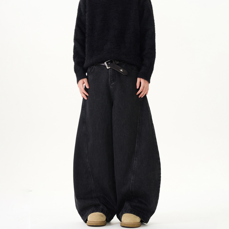 Kisko American Retro Scimitar Design Washed Black Jeans Unisex Niche Loose Straight Versatile Pants