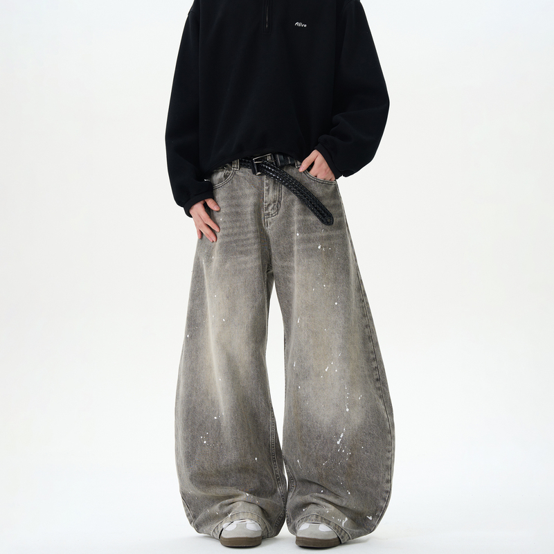 Kisko Retro Washed Distressed Gray Splatter Knife-Cut Jeans Unisex Trendy American Street Style Loose Pants