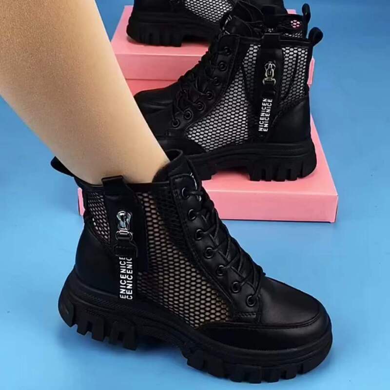 Genuine Leather Martin Boots for Women 2026 New Style Hollow Breathable Mesh Soft Sole Non-Slip Versatile Zipper Round Toe Sandals