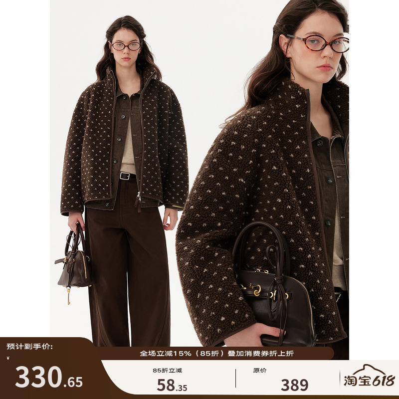 Designer Plus Retro Shell Embroidery Polka Dot Design Double Zipper Stand Collar Thickeneded Imitation Lamb Wool Jacket Winter