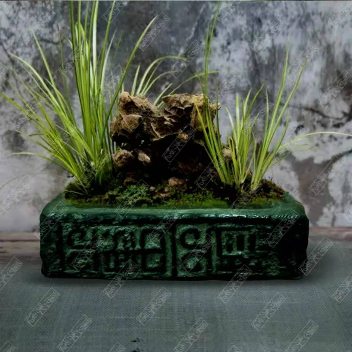 Zhangjia made antique Han brick moss red maple calamus pot Chinese Zen bonsai asparagus micro-landscape carving small flower pot
