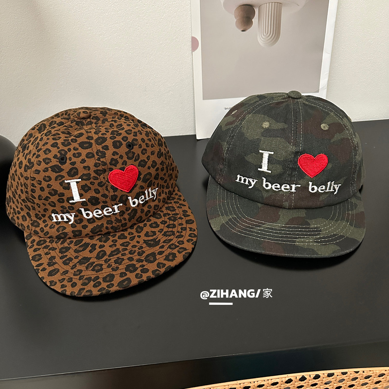 Slogan Embroidered Baseball Cap for Women, Korean Ig Blogger Style, Niche Retro Leopard Print Camouflage Flat Brim Soft Top Baseball Cap