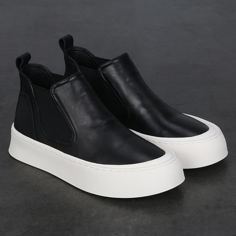 Genuine Leather Chelsea Boots, Boots, High-Top Sneakers, Thick Soles, Heightening Black Casual Versatile Slip-On Men's Trbottomy Shoes