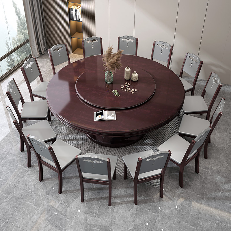 Solid wood dining table and chairs combined with turntable modern minimalist home small family dining table 10 people hotel Grand round table