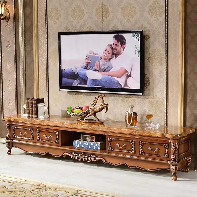 Antique Eurostyle marble TV cabinet Tea Table Combined Living Room Solid Wood Carved small family style Home American lockers