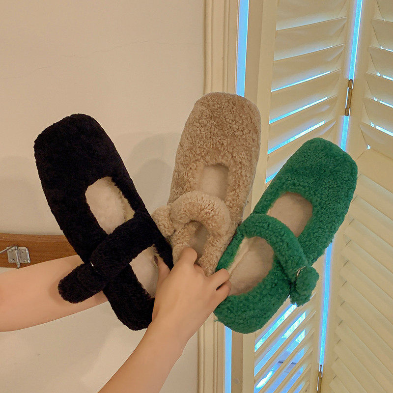 Lingge studio net red popular wool shoes women's 2022 new square head lamb wool flat bottom Mary Jane shoes