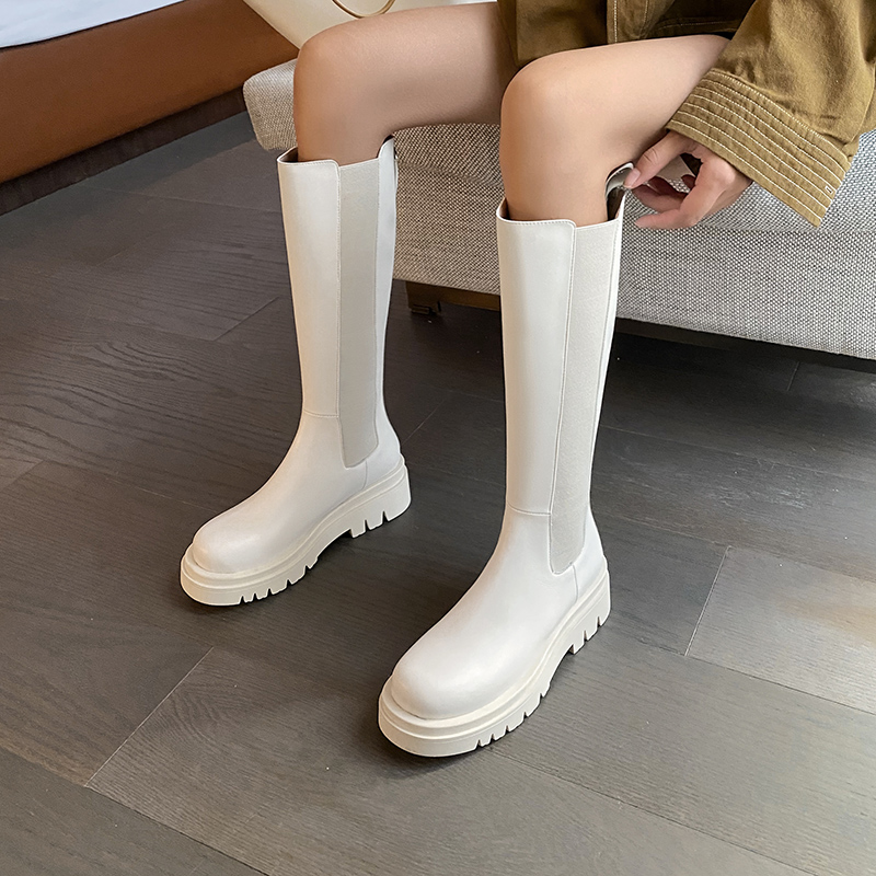 Fat mm riding boot female display slim long cylinder boot elastic large cylinder circumference widening high cylinder boot coarse leg thick bottom genuine leather boot tide