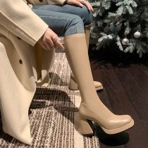 Lingge studio temperament square head high-heeled boots womens 2022 new apricot boots elastic knight boots trend