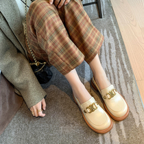 Round Head Flat-bottomed Lefoe Shoes Woman 2021 New Genuine Leather Metal Buckle Small Leather Shoes Retro 100 Hitch Low Heel Single Shoe Tide