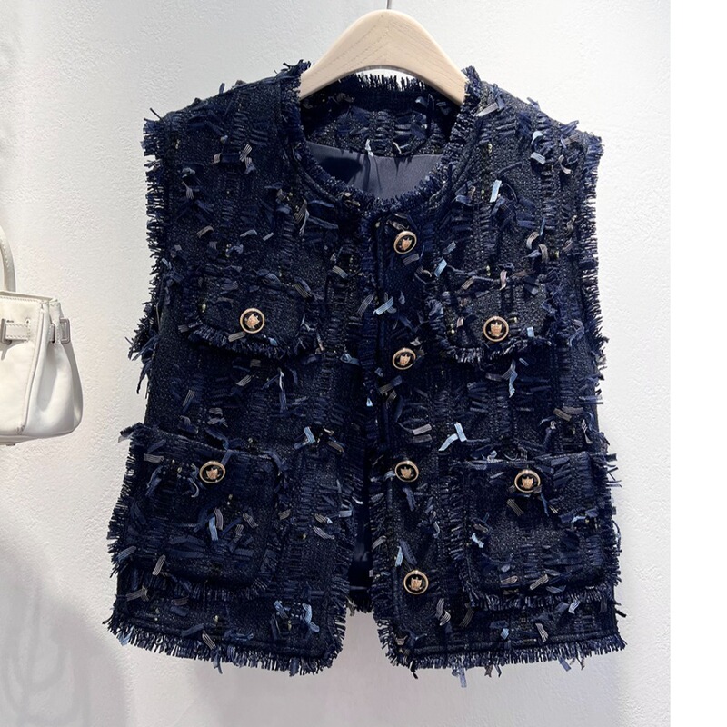 2026 Autumn New Style Chanel-Style Frayed Tweed Vest for Women with Rhinestone Buttons and Multiple Pockets Sleeveless Jacket 2026 Autumn New Style Chanel-Style Frayed Tweed Vest for Women with Rhinestone Buttons and Multiple Pockets Sleeveless Jacket