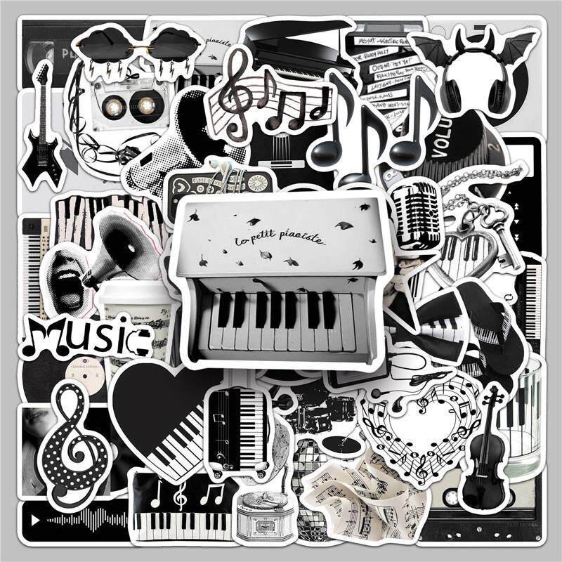 50 Black and White Music ins Style Stickers, Musical Instruments, Musical Notes, Graffiti, Creative Waterproof Stickers for Phone Cases and Journals