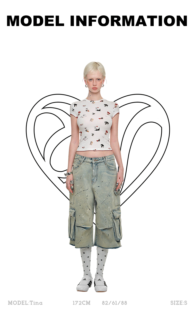 1JINN STUDIO Cat Dog Print Washed Denim Cropped Pants - 올드