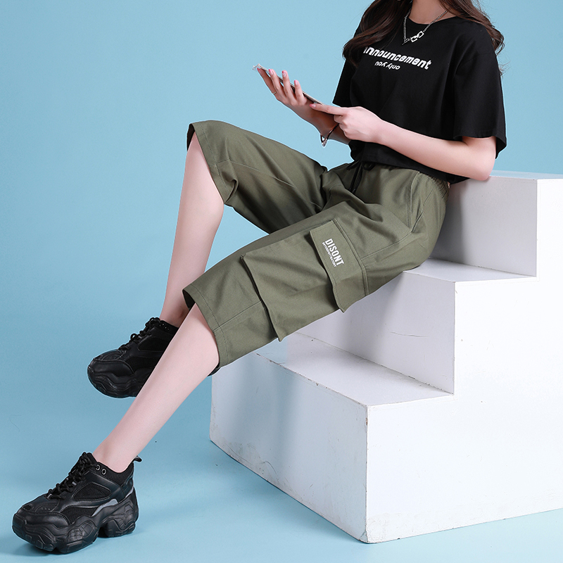 Women's Summer Thin Cropped Pants for Petite Figures, Loose Straight-Leg Cargo Pants, Army Green, Plus Size, Seven-Point Pants