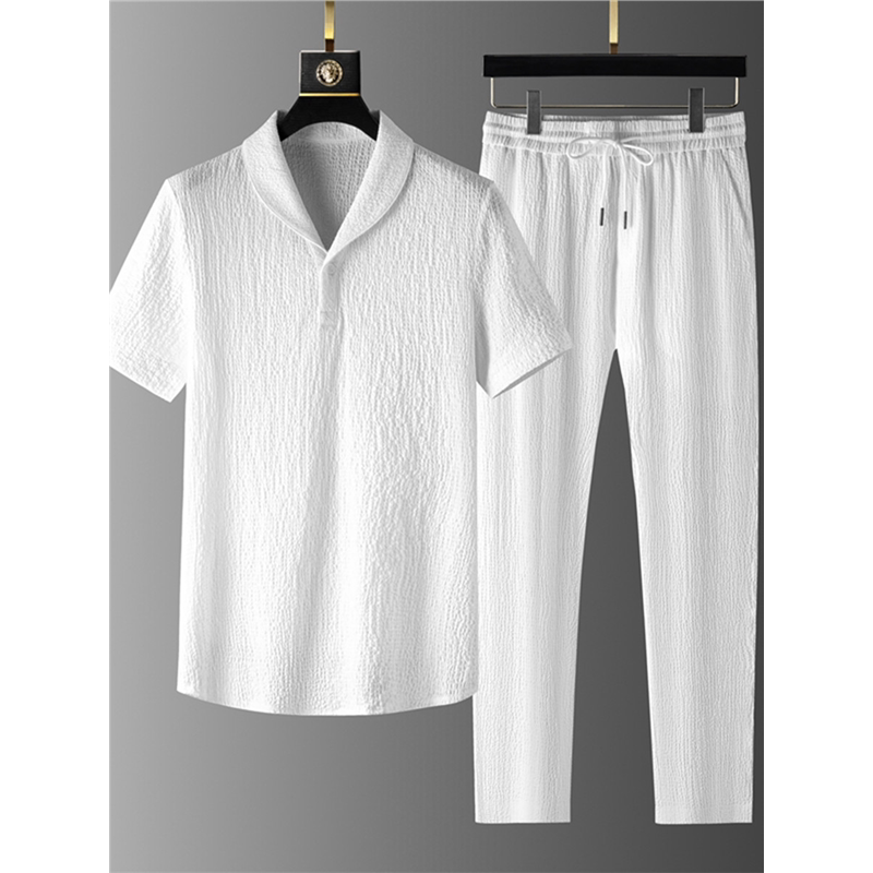 Foreign Trade Export Big-Name Brand Cut-Label Casual Sports Suit for Men, Lightweight, Breathable, Fashionable Lapel Short-Sleeve Two-Piece Set