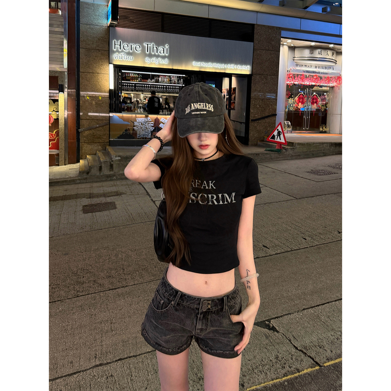 Cuitcuit Chesco Street Black Regular Shoulder T-Shirt Summer Hot Girl Outfit Slim Fit Short Sleeve Cuitcuit Chesco Street Black Regular Shoulder T-Shirt Summer Hot Girl Outfit Slim Fit Short Sleeve