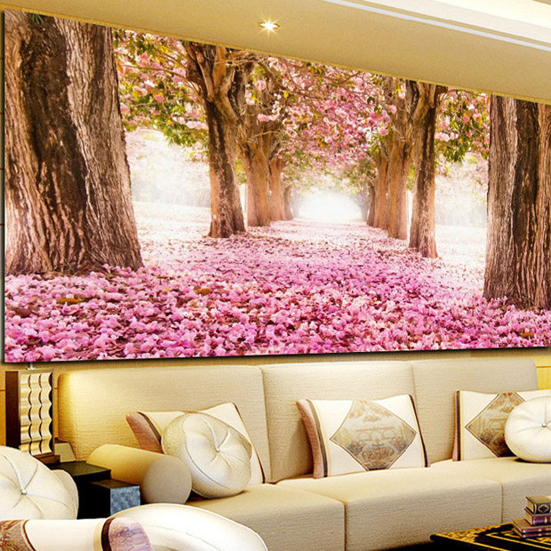 Mona Lisa Cross embroidered cherry blossom tree living room bedroom with large size minimalist modern new line embroidered idylo garden view full embroidery