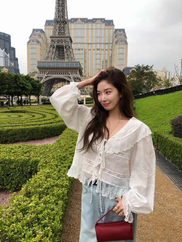 Sea Sand Salt Korean Style Lace-Up Linen Blouse for Women, New Summer Lace Slightly Sheer Sexy Top