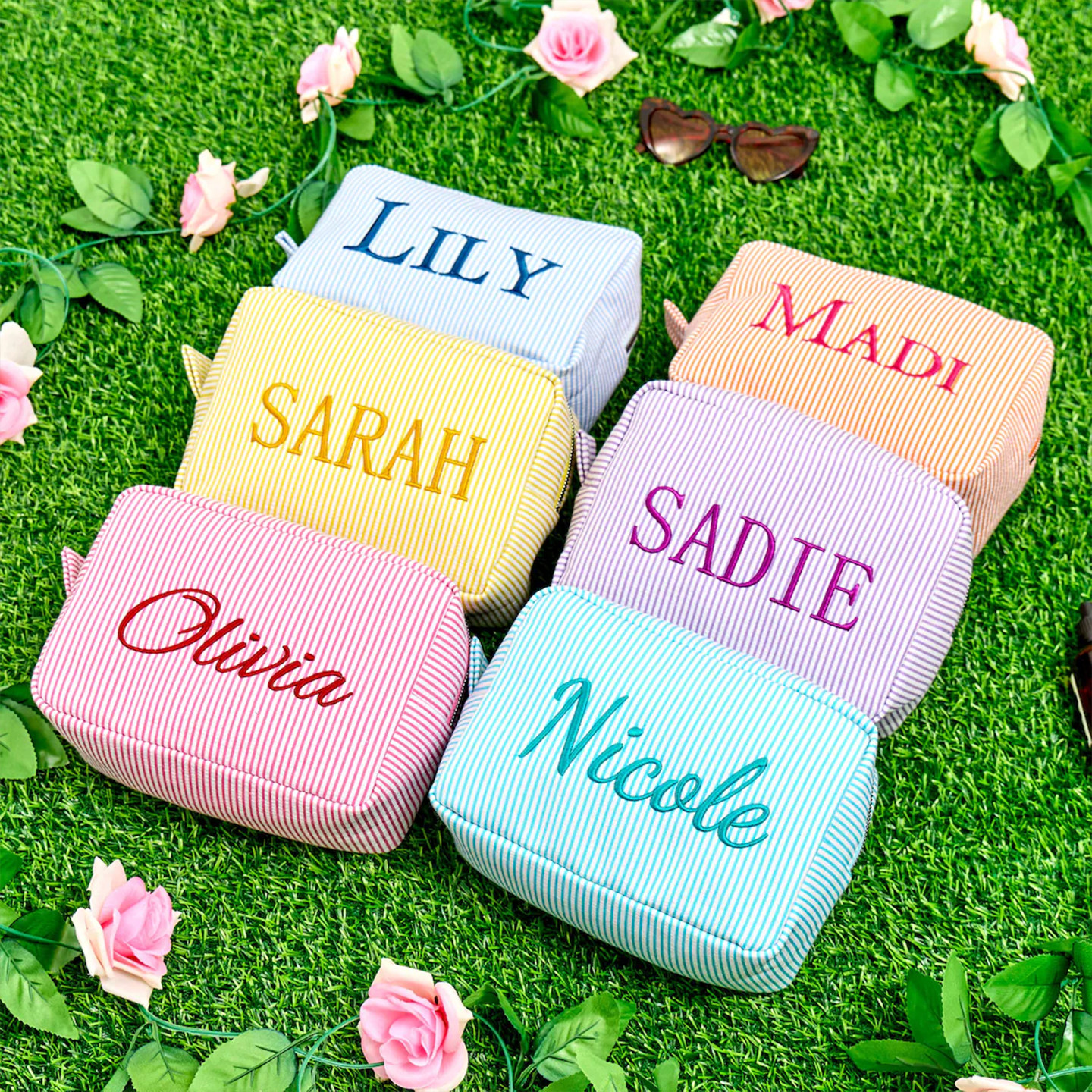 Custom embroidered seersucker striped cosmetic bag