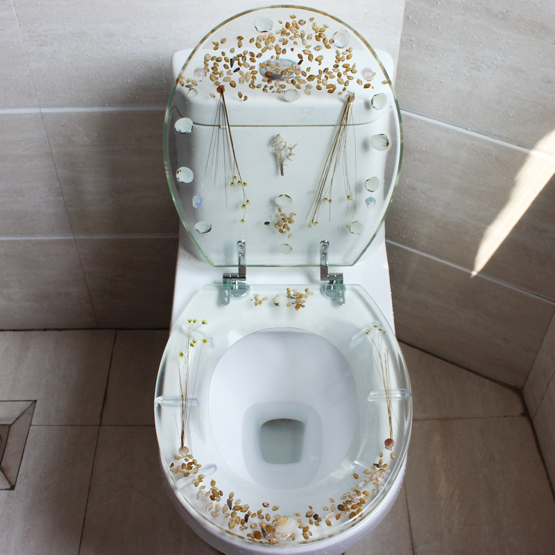 Transparent Resin Toilet Seat Cover, Slow-Falling and Thickened, Universal Toilet Seat Cover Made from Real Dried Flowers and Shells