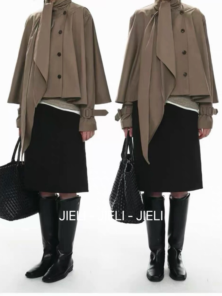 High-quality French casual loose cape-style bow tie double-breasted short coat top for women