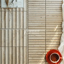 Beige stone mosaic retro room long arc-shaped concave and convex background wall indoor and outdoor travertine industrial decoration home decoration