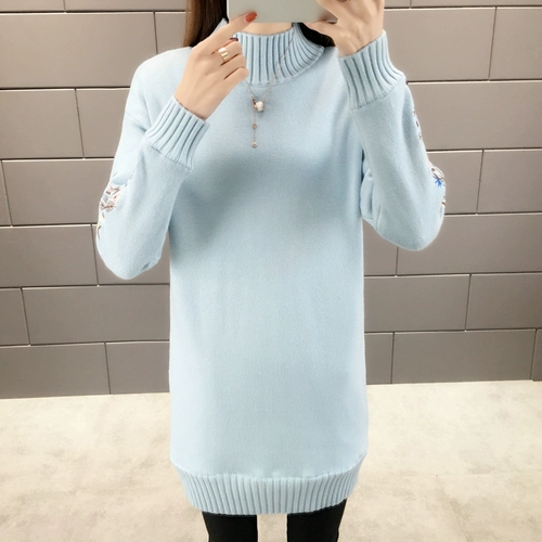 Утепленный свитер, длинное базовое приятное телу трикотажное платье, 2019, оверсайз, с вышивкой