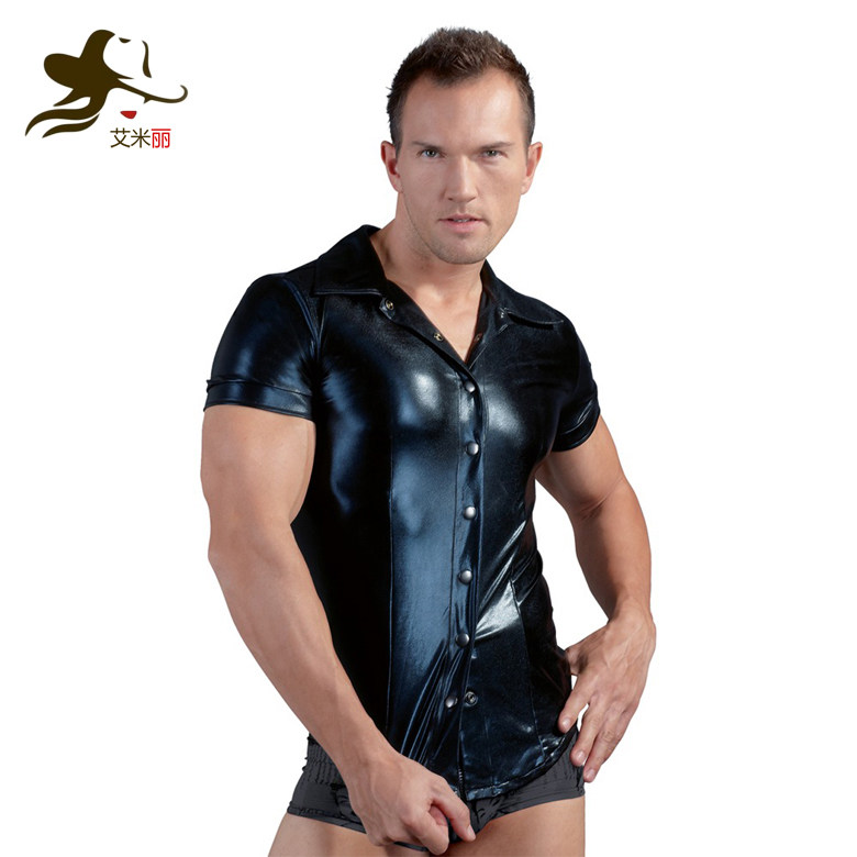 European and American steel tube dance sexy leather underwear men's leather Lacquer Leather Rivet Tight PU Imitation Leather Vest Performance DS Uniform