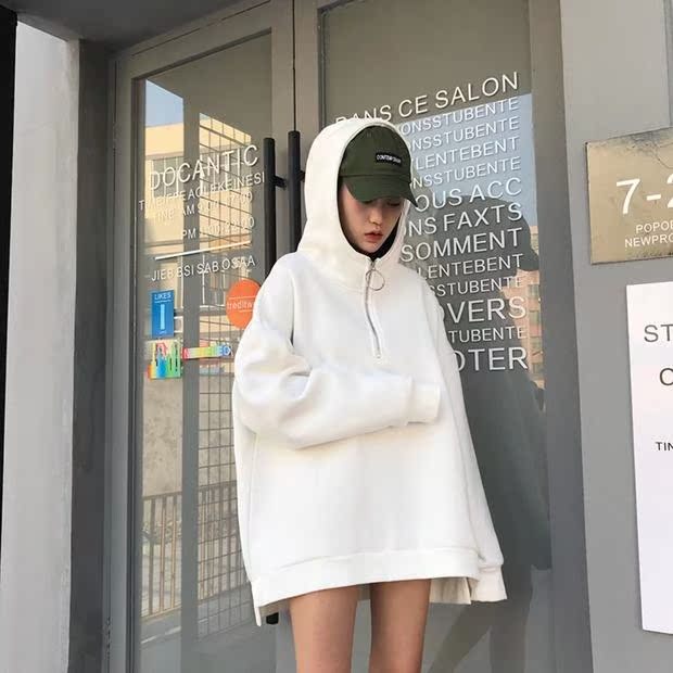 Mùa xuân và mùa thu Phụ nữ phiên bản Hàn Quốc của phong cách Harajuku lỏng lẻo dây kéo cộng với nhung áo len dày trùm đầu học - Áo len shop áo khoác nữ hàn quốc