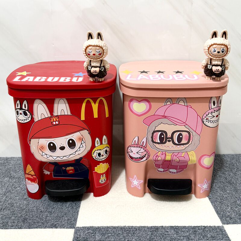 Cartoon Labubu Trash Can for Home Use in Bedroom and Living Room, Cute and Aesthetically Pleasing, Foot-Operated with Lid, Large Size and High Capacity