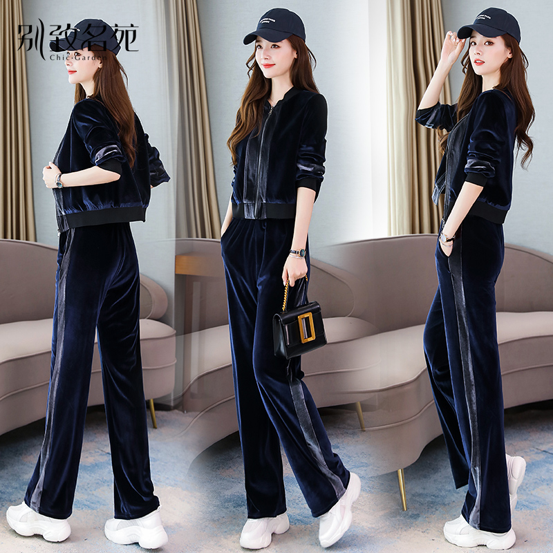 2022 women's spring autumn new two sets sports small sub large size fashion casual gold velvet Temperament Foreign Pie Suit