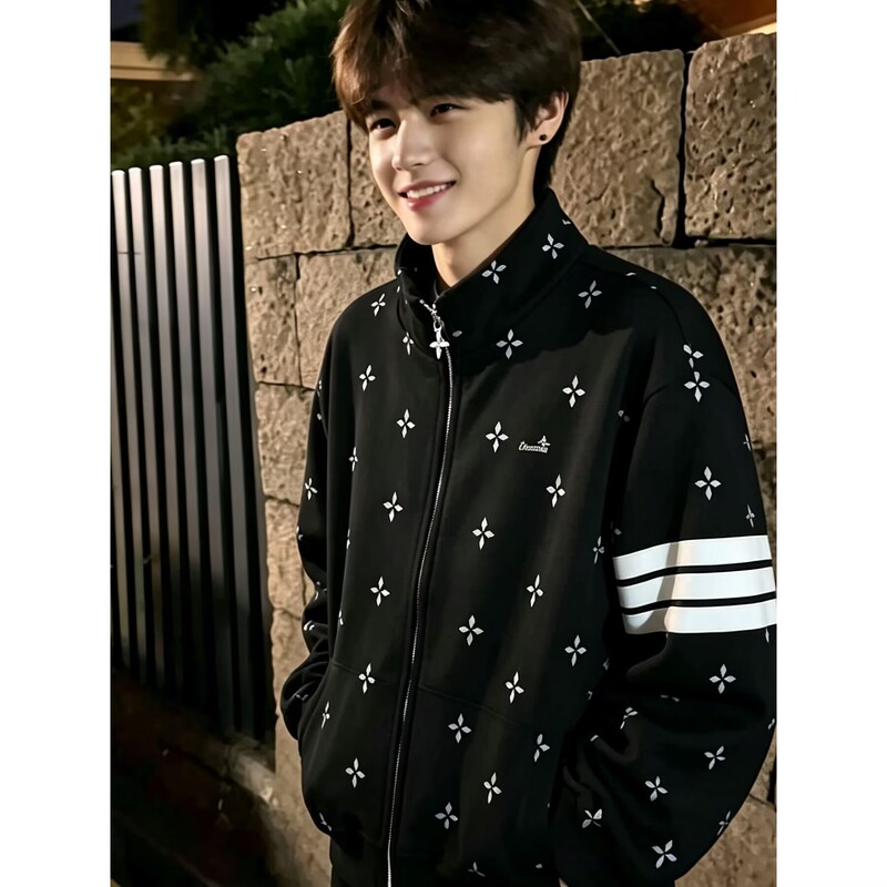 American High Street Style Full-Print Cross Three-Stripe Stand Collar Sweatshirt for Men, Spring and Autumn Loose Trendy Brand Zip-Up Jacket