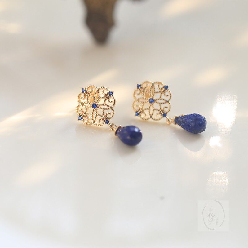 Outside the window｜National style natural lapis lazuli peridot window flower stud earrings long earrings without pierced ear clips original Hanfu