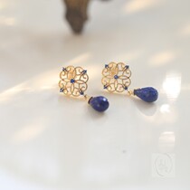 Outside the window | national style natural lapis lazuli peridot window flower stud earrings long earrings no ear piercing ear clip original Hanfu