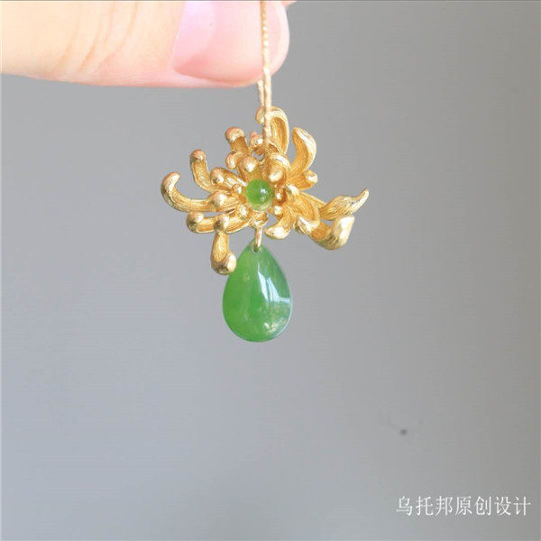 Supplements to people's light such as Chrysanthemum Green Cuisbi Jade South Red Pearl Chrysanthemum Earrings Ear Clip Chinese Classical Hanfu Qipao