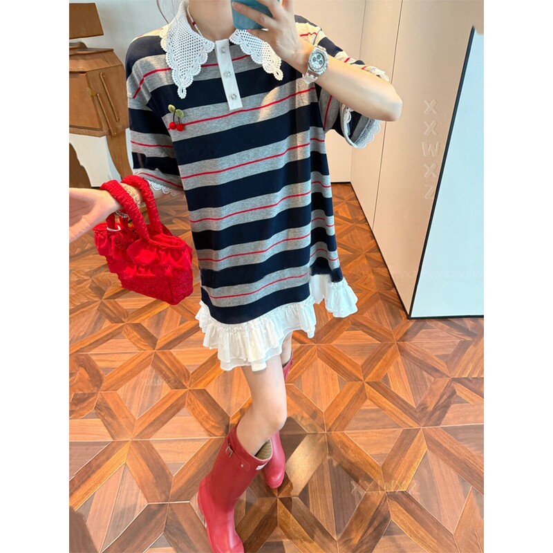 Korean Dongdaemun Summer New Fashion Three-Dimensional Felt Cherry Half-Open Lapel Hem Patchwork T-Shirt Dress Korean Dongdaemun Summer New Fashion Three-Dimensional Felt Cherry Half-Open Lapel Hem Patchwork T-Shirt Dress