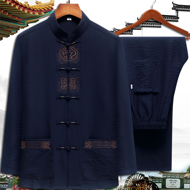 Middle-aged Tang Men Long sleeve Chinese Wind Father Father Fashion Cotton Set Senior Clothes Grandpa Clothes