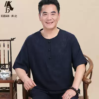 Summer Tang suit men's short sleeve round neck cotton linen suit middle-aged and elderly large size T-shirt dad dress thin solid color shirt