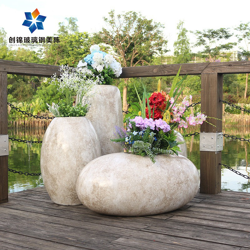Glass Fiber Combination Stone Resistant Flower Pot Beautiful Landscape Hotel Courtyard Classic Four-in-one Floor Vase Decor Ornament