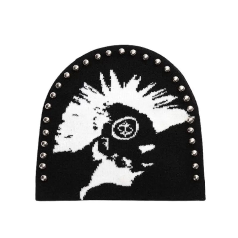 Punk Subculture Rock Rivet Print Knitted Hat for Men and Women, Winter Trendy Versatile Street Style Woolen Hat, Cold Weather Hat