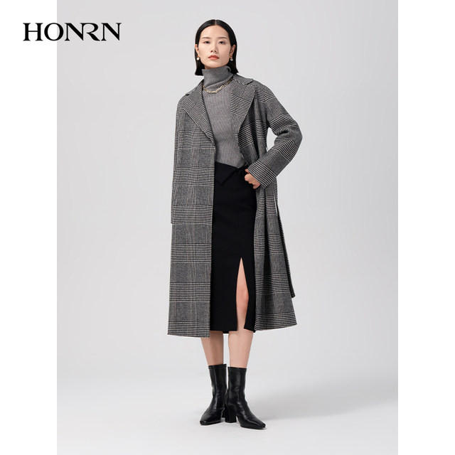 HONRN/Red Man slim-fitting lace-up waist suit collar woolen coat for women in ດູໃບໄມ້ລົ່ນແລະລະດູຫນາວ HG55OD451
