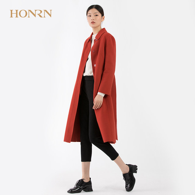 HONRN/ສີແດງ Wool Coat Women's Casual A-Line Belted Waist Mid-Length Jacket HG59OD678