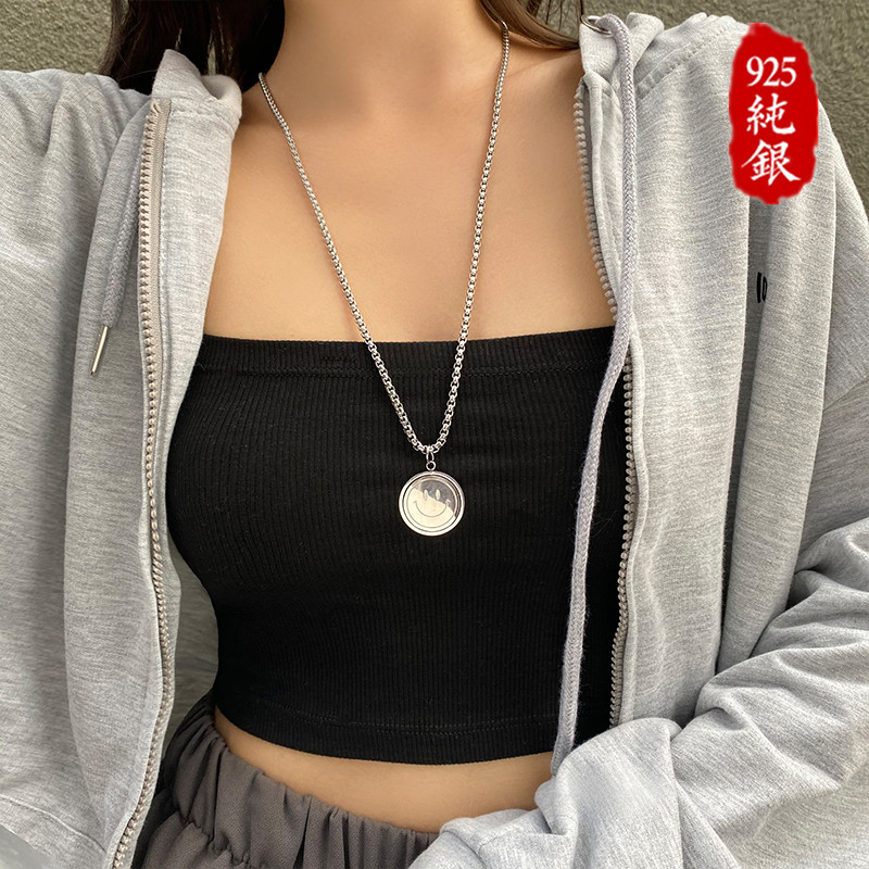 Rotatable smiley sterling silver necklace 2022 new ladies summer ins hip hop pendant niche design sense