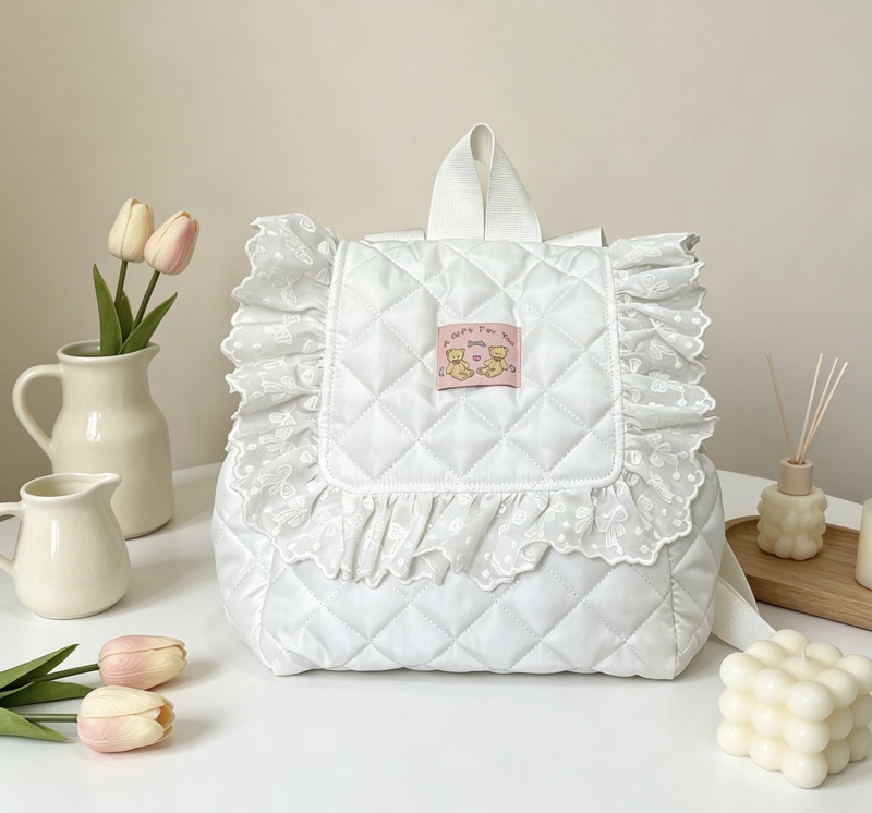 Self-Made Original Handmade Cute White Lace Quilted Cotton Backpack with Cotton Lining and Zipper Pocket Self-Made Original Handmade Cute White Lace Quilted Cotton Backpack with Cotton Lining and Zipper Pocket