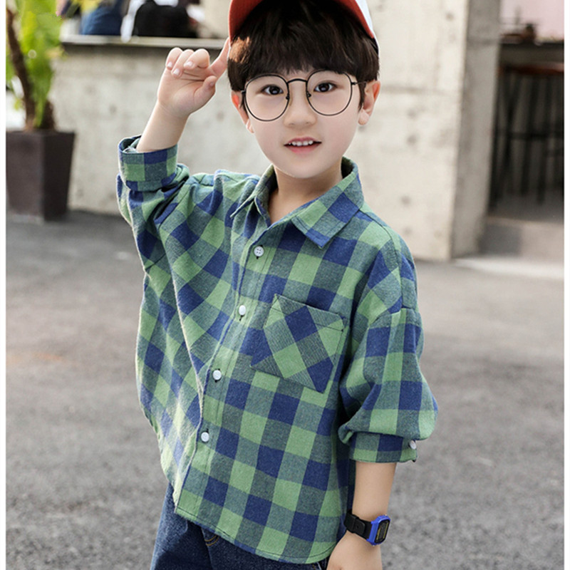 男の子用チェック柄シャツジャケット、春秋スタイル、2025年新作、子供用長袖シャツ、かっこいい襟付きトップス、中～大サイズの子供向け。