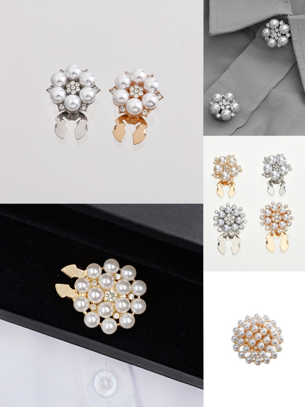 ins Blogger-Style Retro Pearl Sun Rhinestone Flower Shirt with Suit Collar Buttons and Cufflinks, No Need to Punch Holes, High-End Feel