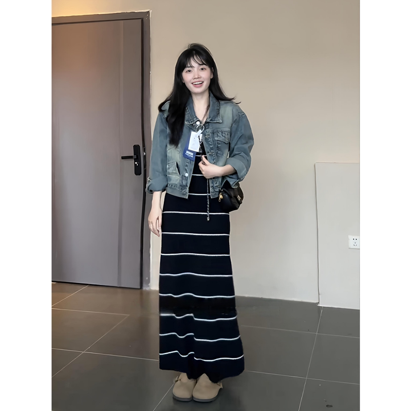 Plus-Size Retro American Style Washed Denim Jacket for Women, Early Autumn New Striped Suspender Skirt Two-Piece Set