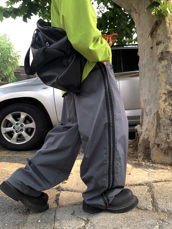 Aurocean Gray Nylon Sweatpants, Retro Loose Fit Jogger Wide-Leg Convertible Pants for Students