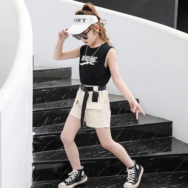 Girls' Sleeveless Suit 2020 Summer Style Big Boy's Western Style Vest Two-piece Children's Net Red Shorts Korean T-shirt